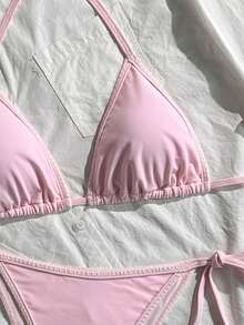 Swim Mod 女士两件套纯色甜美可爱露背系带裤侧系带沙滩度假休闲派对比基尼套装 - 粉色 - 查看 4