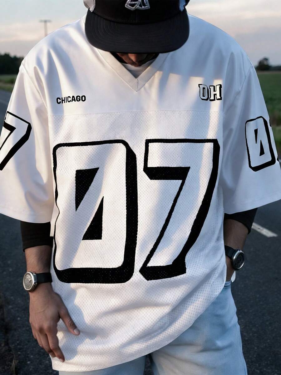 Manfinity EMRG 男士夏季休闲网眼拼接数字印花短袖T恤 - 白色 - 查看 1