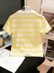 Resyla Women's Striped Cherry Embroidery Print Fashionable Versatile Comfortable T-Shirt - Apricot - View 2