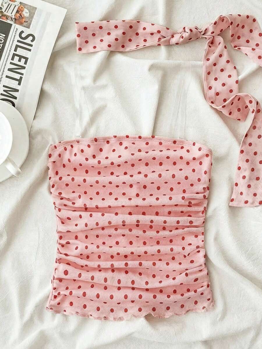 SHEIN Tween Girl Polka Dot Ruched Fitted Tube Top, Versatile For Vacation - Baby Pink - View 1