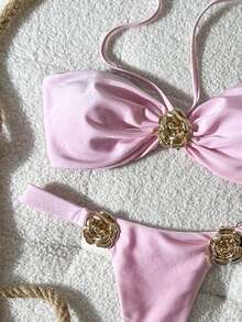 Swim Mod 女士纯色无肩带比基尼套装，饰有花卉金属装饰，春夏款 - 粉色 - 查看 4