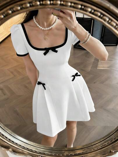 Elenzga New Arrival Square Neck Short Sleeve Bow Decor Waist Cinched Sweet Women Dress