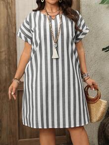 EMERY ROSE 大码女式早春短袖条纹连衣裙 - 黑與白 - 查看 5