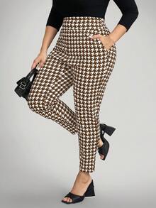 Comfylo Plus Size Houndstooth Print High Waist Slim Fit Pants - Brown - View 6