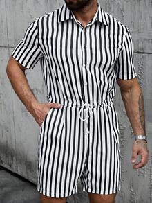 Manfinity CasualCool 男士条纹短袖单排扣抽绳衬衫配短裤 - 彩色 - 查看 3