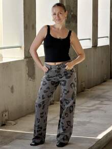 Kuleshova Women's Fashion Leopard Print Belted Casual Rhinestone Embellished Jeans - Dark Grey - View 5