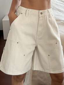 Livesso Quần short denim nữ kiểu dáng thường ngày với túi lớn (Jorts) - Màu Khaki - Xem 3