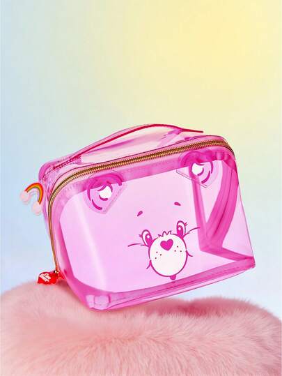 SHEIN X Care Bears 1款可爱图案大容量透明PVC化妆包，亚克力装饰，便携大容量，可收纳化妆品瓶及日常用品，适合女性和青少年使用，图案包括：欢呼熊、分享熊