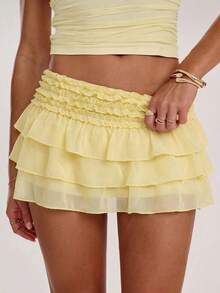SHEIN BAE Chiffon Ruffle Hem Mini Skirt With Lining, Suitable For Beach Vacation, Music Festival, Summer, Sexy And Cute Mini Skirt - Light Yellow - View 6