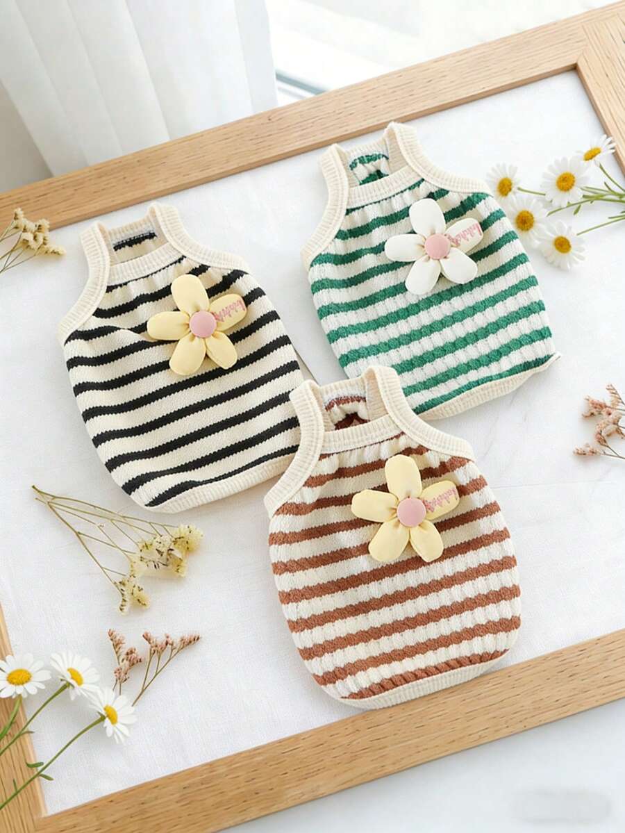 PETSIN 1件猫/狗衣服，春夏宠物背心，立体花朵图案，亲肤透气舒适吊带衫 - 彩色 - 查看 1