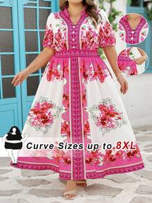 SHEIN CURVE+ Curve 尺码 US22 音乐节、海滨度假、波西米亚风女士印花立领花瓣袖度假连衣裙 - 紅白色 - 查看 9