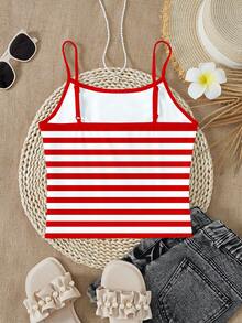 SHEIN Y2K Inspired Casual Retro American Red Striped & Strawberry Print Camisole Tank Top, Versatile Summer Outfit For Young Girls - Multicolor - View 3