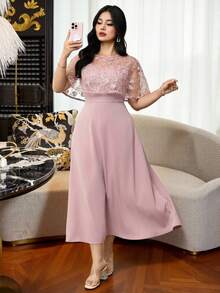 Modelyn Đầm dự tiệc cỡ lớn dành cho nữ, thêu hoa, cổ tròn, eo thắt. - Màu Hồng  San hô - Xem 7