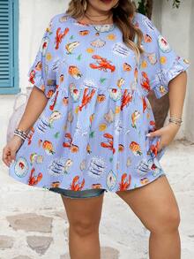 SHEIN CURVE+ 加大码 US22 音乐节、海滨度假、波西米亚风印花休闲度假衬衫 夏季/乡村/海滩度假/沙滩装、夏季上衣 - 藍色 - 查看 4