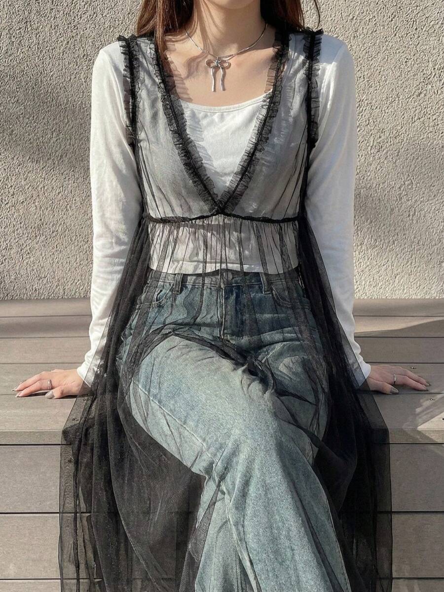 FRIFUL 女士无袖网纱拼接荷叶边连衣裙 - 黑色 - 查看 1