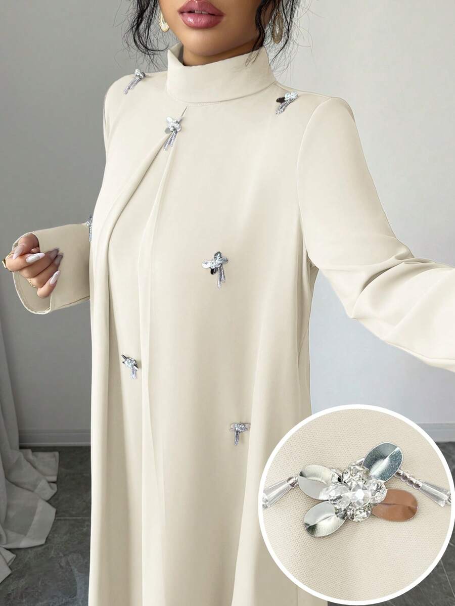 Yasmyna 女士优雅长袖阿拉伯风格连衣裙，饰有水钻，秋季款