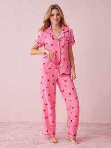 Bonmuse Conjunto de pijama rosa para mujer con top de manga corta con cuello de bolsillo y estampado de corazones & letras & pantalones, para el Día de San Valentín en verano - Rosa Fucsia - Ver 6