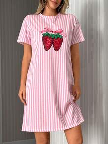 SHEIN 粉色条纹蝴蝶结草莓图案圆领短袖女士睡裙家居服舒适休闲夏季睡袍 - 粉色 - 查看 4