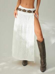 SHEIN PETITE Women's Vintage Solid Color Textured High Slit Skirt, Summer - White - View 8