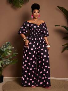 Maweii Plus Size Off-Shoulder Polka Dot Drawstring Waist Short Sleeve Jumpsuit - Black - View 2