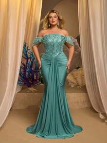 Glamrae Đầm dạ hội cỡ lớn sang trọng, thanh lịch màu xanh lá cây, thêu sequin, phối nhiều mảnh vải, chất liệu satin co giãn, cổ bất đối xứng, xếp ly, dáng đuôi cá, thích hợp cho tiệc tối, dạ hội, đám cưới, lễ hội âm nhạc, các dịp trang trọng (Thiết kế đính kết cầu kỳ). - màu xanh lá - Xem 7