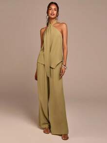COSMINA Women's Solid Color Halter Backless Top And Wide Leg Pants Casual 2 Pieces Set Women's Two Pieces Set,Vacation Outfits Women - Green - View 6