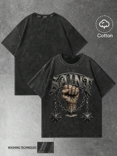 Manfinity EMRG Men's Young Street Style, Ins-Inspired Cotton Minimalist Design, Slim Fit Cotton Lightly Distressed Washed Fabric Short Sleeve T-Shirt, Showcasing A Casual, Relaxed Street Style, Suitable For Daily Casual Wear, Leisure, Fashion Styling, Street Daily Life; Holiday Gift