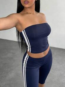 Slaydiva 早春新款，春夏音乐节，情人节，复活节休闲风，简约基础款，Y2K街头甜美风，网红热销款，日常约会，辣妹风，性感运动风，返校季，无肩带标语，英文印花短款背心+七寸裤脚，开衩紧身裤，侧边撞色编织带装饰，深蓝色套装，女士两件套 -A - 藏蓝色 - 查看 4