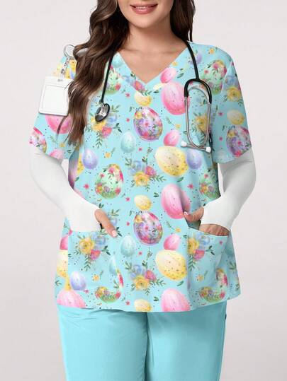 PopScrub Floral & Egg Print Textured V-Neck Short Sleeve Scrub Top With Pockets & Slit Design For Women, Plus Size, Suitable For Spring/Summer Nurse/ Uniform, Ideal For Easter & Daily Wear