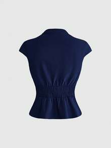 ROMWE Grunge Punk Punk Rider Metal Buckle Design Deep V Slim Fit Women Shirt - Blue - View 2