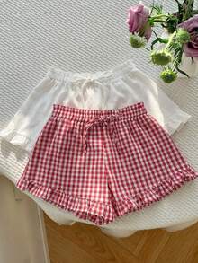 SHEIN EZwear 2 chiếc quần short nữ kẻ caro và màu trơn, thắt eo, xếp ly, kiểu dáng ngọt ngào dễ thương. - Nhiều màu - Xem 9