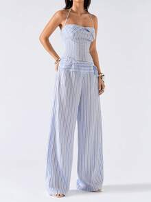 LYSMO 2026 New Arrive Minimalism Spring/Summer Women Striped Cropped Halter Top And Wide Leg Pants Casual 2 Pieces Set Two Piece Pant Set Summer Pant Set Striped Two Piece Set Striped Pant Set Summer 2 Piece Sets Woman - Blue - View 5