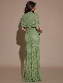 SHEIN BAE Đầm chữ A xếp ly cổ cao thanh lịch, đầm màu xanh lá cây, đầm duyên dáng, đầm đi nghỉ mát, đầm phù dâu, đầm dự tiệc sinh nhật, đầm đi học/tốt nghiệp, đầm xuân/hè. - màu xanh lá - Xem 2