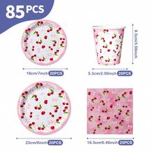 粉色蝴蝶结樱桃图案一次性餐盘、餐巾纸和杯子套装，可供20位客人使用。这款一次性派对用品套装（包括餐盘、餐巾纸和杯子）非常适合生日派对、婚礼和家庭野餐。 - 查看 2