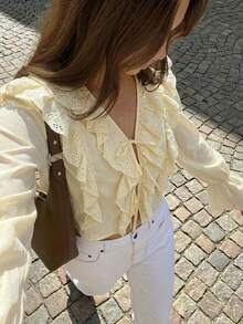 Veilorie 女士优雅雪纺荷叶边花瓣袖衬衫，适合春秋季穿着 - 黃色 - 查看 2