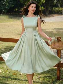 Vintamour 复古优雅女士连衣裙，带口袋，天鹅绒材质，珍珠链点缀，适合派对、节日、鸡尾酒会、秋季、万圣节、冬季、圣诞节等场合，也可作为女士秋季服装、万圣节服装、圣诞节服装、圣诞派对礼服、新年礼服、感恩节服装等。优雅派对连衣裙 - 淡綠 - 查看 2