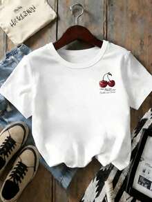 EMERY ROSE Áo thun nữ cổ tròn in hình quả anh đào "My Friend Is My Cherry" - trắng - Xem 4