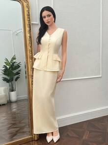 Modelyn Bộ 2 món áo không tay mùa xuân mới cho nữ, có bèo nhún ở gấu và đầm dài thắt eo. - Màu vàng - Xem 1