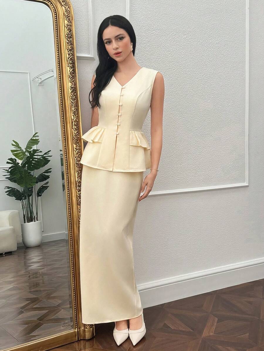 Modelyn Bộ 2 món áo không tay mùa xuân mới cho nữ, có bèo nhún ở gấu và đầm dài thắt eo. - Màu vàng - Xem 1