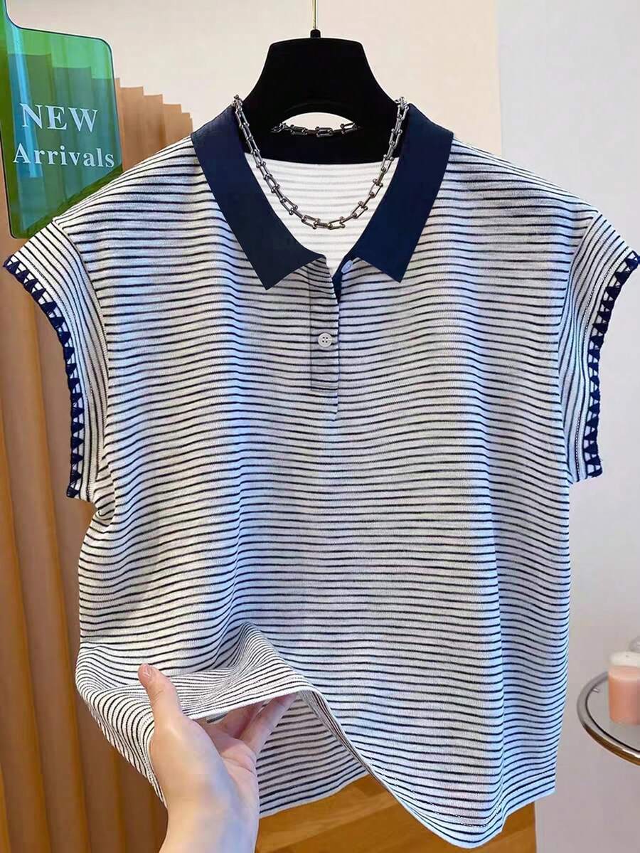 Resyla 女士休闲条纹 Polo 领纽扣 T 恤