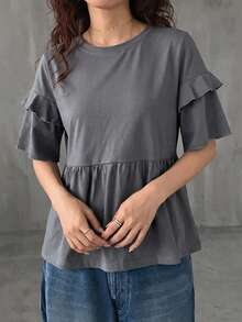 FRIFUL Camiseta de mujer de cuello redondo, holgada, de unicolor, de manga corta, con mangas acampanadas multicapa y bajo con volantes, de corte holgado para el verano - Gris - Ver 4