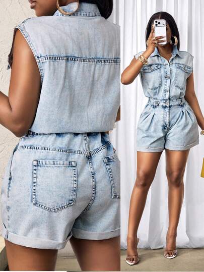 Slaydiva Bộ jumpsuit denim nữ không tay, cài cúc nửa thân, xếp ly, có túi, kiểu dáng thường ngày.