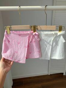 2件套女婴时尚编织粉色蝴蝶结条纹白色纹理刺绣面料休闲短裤套装，适合度假；女婴撞色条纹纸袋腰短裤，带蝴蝶结装饰，适合夏季派对；2件套女婴裙子，女婴夏季服装裙装。 - 彩色 - 查看 5