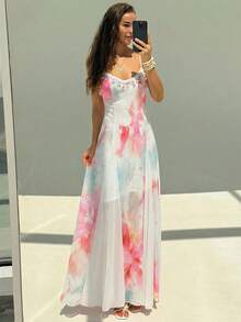 Aloruh New Vacation Boho Floral Mesh Print Patchwork Shell Ribbon Waist Maxi A-Line Dress Sundress Long Beach Summer - White - View 5