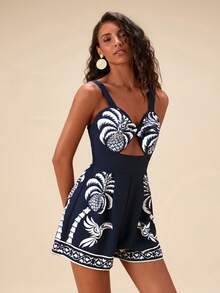 Travachic Women's Vacation Palm Tree Pattern Hollow Design Camisole Jumpsuit,2026 Summer New Arrivals,Bohemia,Werstern,Tropical Parrot Pattern,Suitable For Summer Vacation - Black - View 3