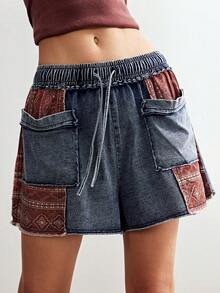 Bohemela 女士休闲针织拼接宽松阔腿水洗短裤 - 藍色 - 查看 2