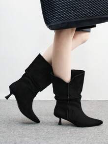 CUCCOO CHICEST Women's Pointed Toe Pleated Fashion Daily Wear Slim Heel Mid-Calf Boots Valentine's Day - Black - View 4