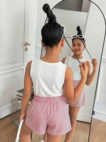 SHEIN 少女针织白色背心和红白条纹短裤休闲套装 - 紅白色 - 查看 2