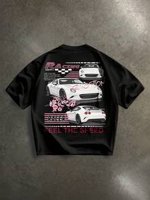 Manfinity ZONE917 宽松街头风日本樱花跑车标语印花黑色短袖T恤，适合夏季穿着，送朋友的礼物 - 黑色 - 查看 5