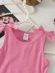 SHEIN Baby Girl Cute Pink Knitted Sleeveless Romper For Summer - Hot Pink - View 6